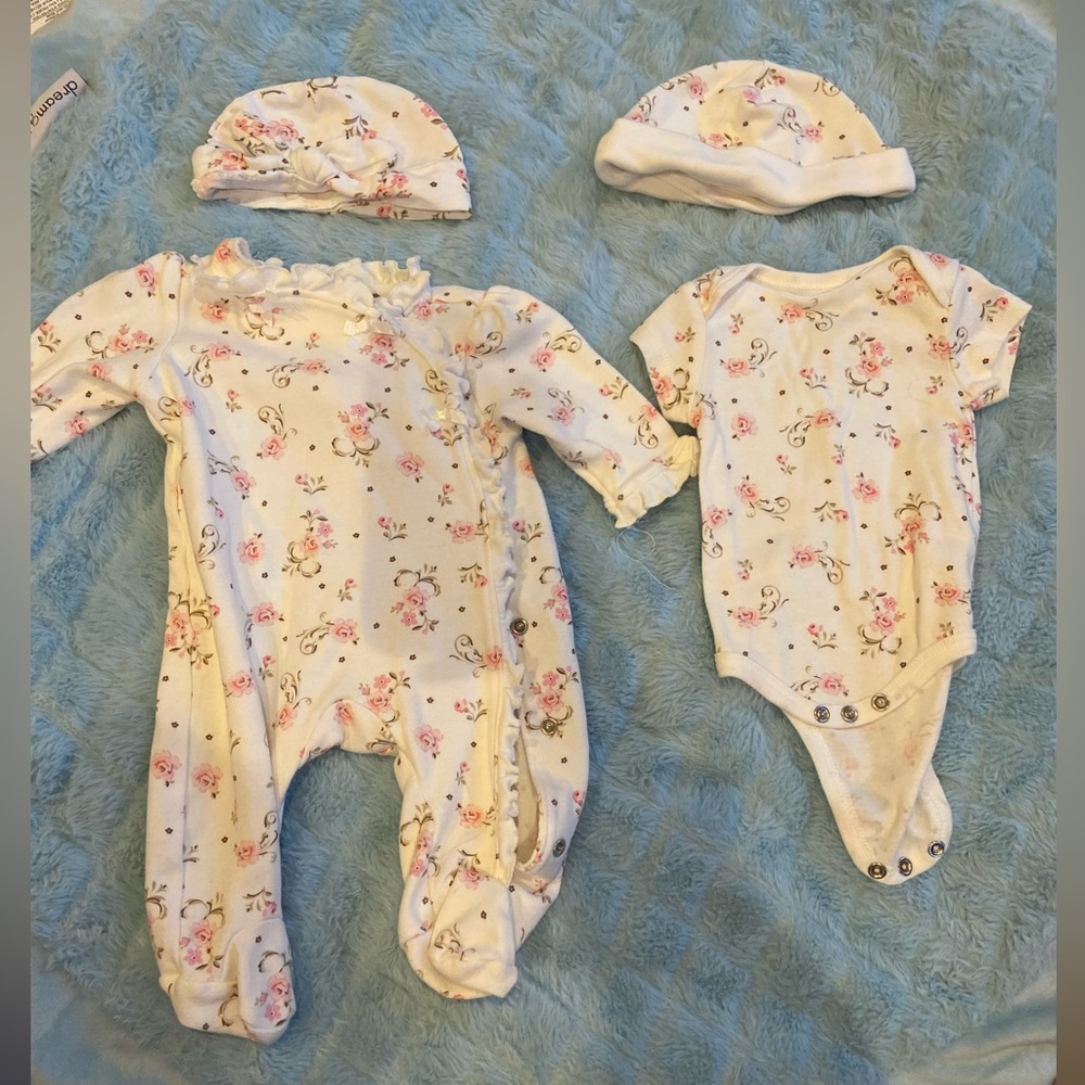 newborn matching button up footie, onesie, and 2 hats